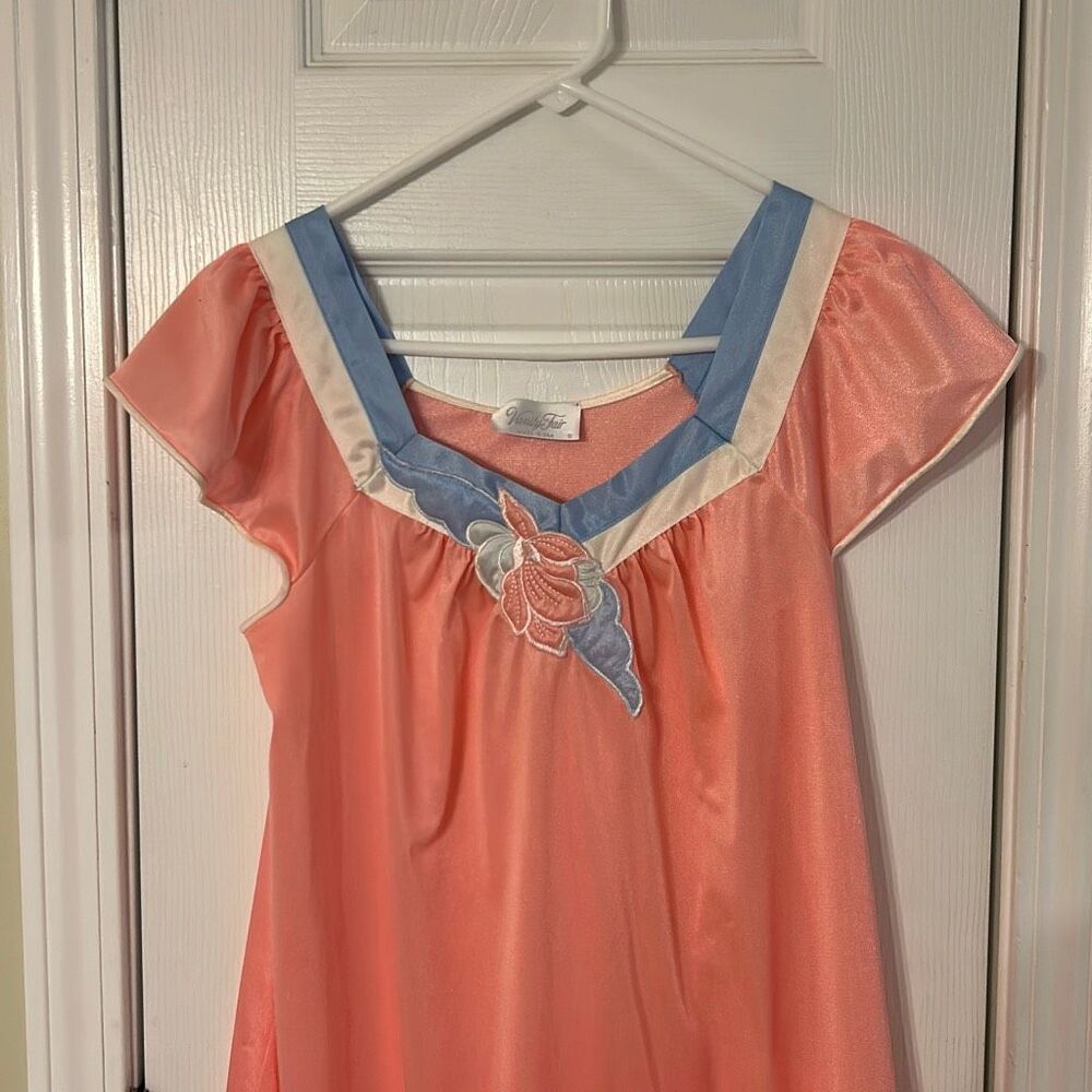 Vanity Fair Vintage Nightgown Pink Pastel Blue Short Sleeve Cap Nylon S USA